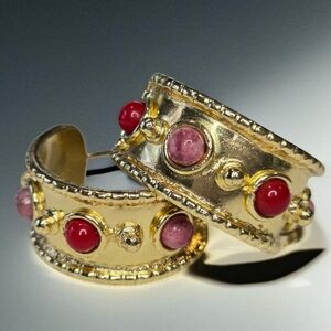 Chunky 18k Gold Plated Byzantine Coral & Rhodochrosite Cabochon Hoop Earrings